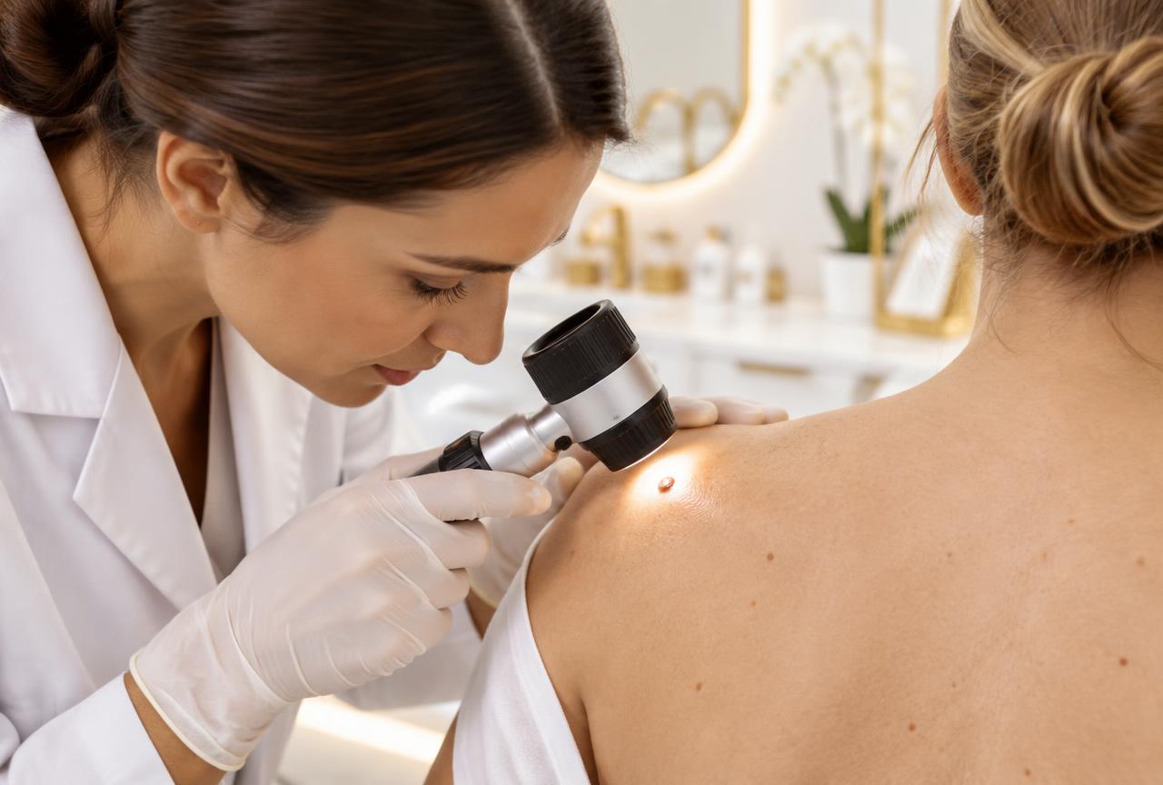 Médico explorando la piel con dermatoscopio en consulta